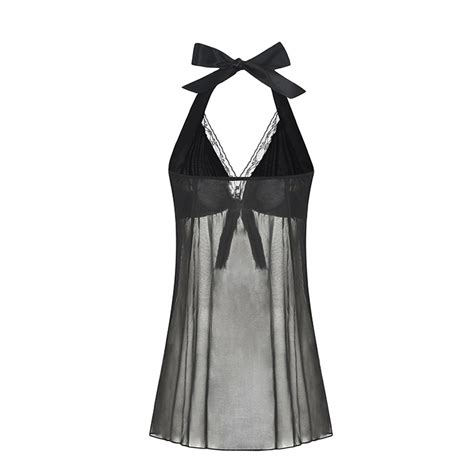 Sexy Black Sheer Mesh Low Cut Halterneck Backless Babydoll Lingerie N