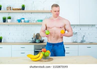 Muscular Man Naked Torso Kitchen Fruit Stock Photo Shutterstock