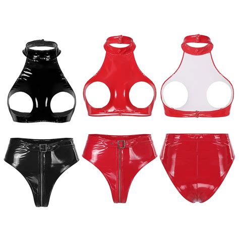 Womens Wet Look Leather Lingerie Sleeveless Halter Open Bust Crop Top With High Cut Front Zipper