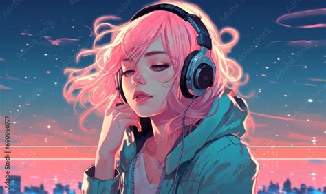 Beautiful Anime Girl Listening To Lofi Hip Hop Music With Headphones Manga Cartoon Drawing