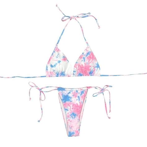 Bikini Femmes Sexy Tie Dye Lace Up High Cut Leg Halter Set Maillot de bain deux pièces Rose