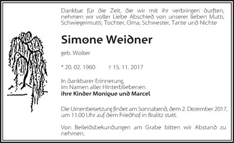 Traueranzeigen Von Simone Weidner M Rkische Onlinezeitung Trauerportal