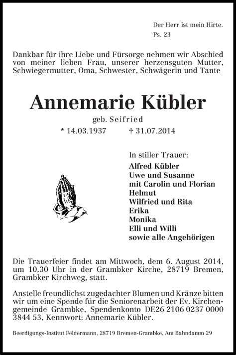 Traueranzeigen von Annemarie Kübler Trauer Gedenken