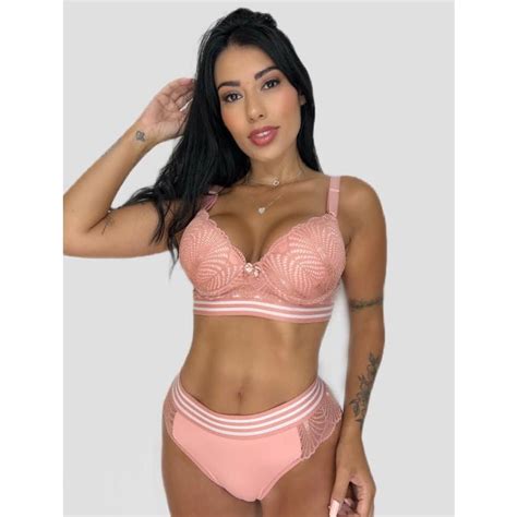 Conjunto Lingerie Renda Calcinha Fio Duplo e Sutiã Bojo Liso Shopee Brasil