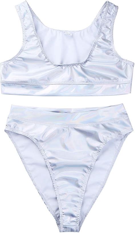 zdhoor Damen Badeanzug Glänzend Metallic High Waited teilig Badeanzug High Cut Bikini Tanga