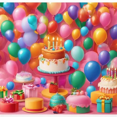 Premium Ai Image A Cake With Lit Candles And Colorful Balloons On A