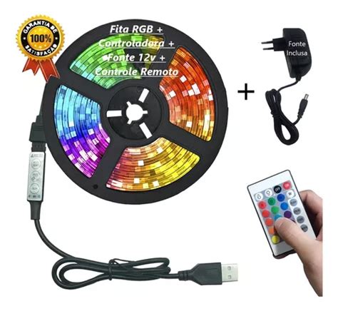 Fita Led Rgb 5050 Rolo 5m Prova Dágua Controle Fonte 110V 220V