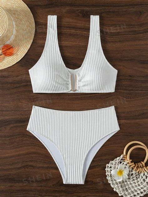 Shein Swim Summer Beach Plain Ribbed High Waisted Bikini Set For Sale Australia New Collection