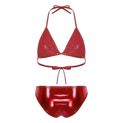 Womens Shiny Metallic Bikini Swimsuit Halter Bra And Thongs Swimwear Lingerie EBay
