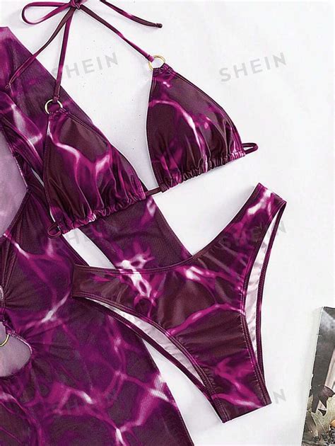 Shein Swim Sxy Summer Beach Marble Print Ring Linked Halter Triangle Bikini Set With Cover Up