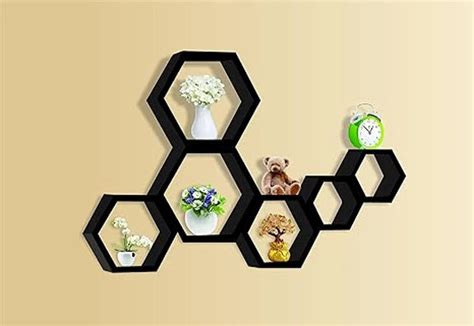 Wooden Paint Coated Hexagonal Mount Shelf 6 Shelves Wall Mounted At