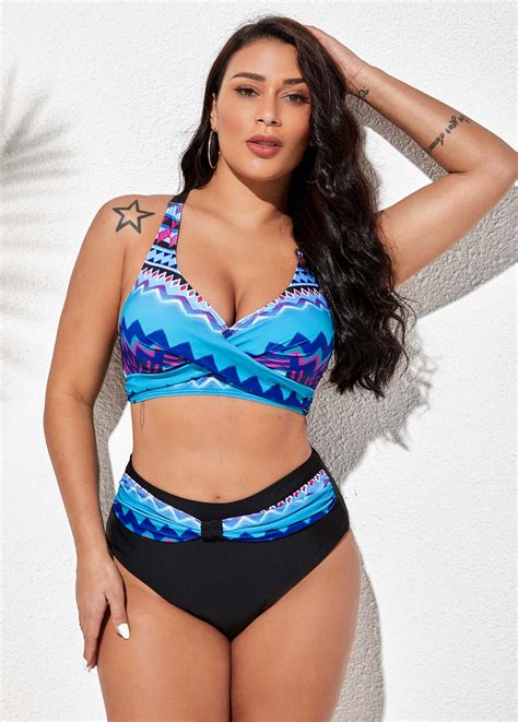 Tribal Print Front Cross High Waisted Bikini Set Rosewe Usd
