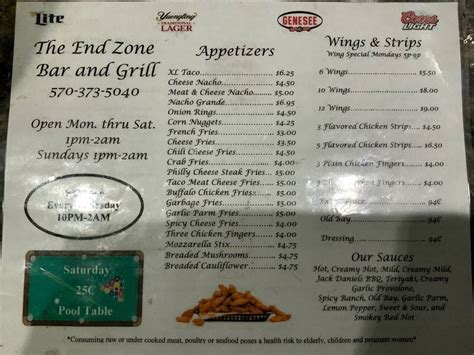 Menu At End Zone Bar Grill Kulpmont