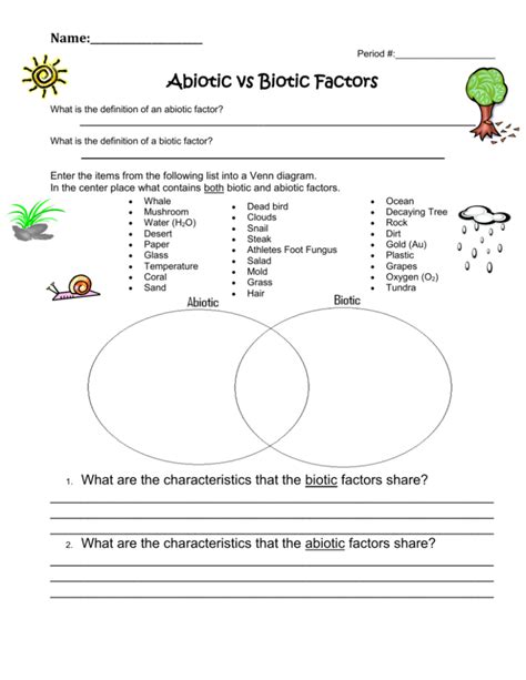 Worksheet 1: Abiotic versus Biotic factors