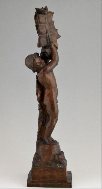 Art Deco Bronze Sculpture Nude Boy With Boat By Henri Raphael Moncassin France