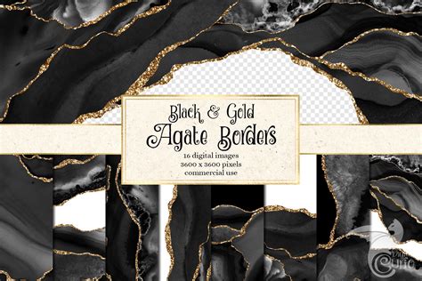 Black And Gold Agate Borders Digital Watercolor Geode Png Etsy