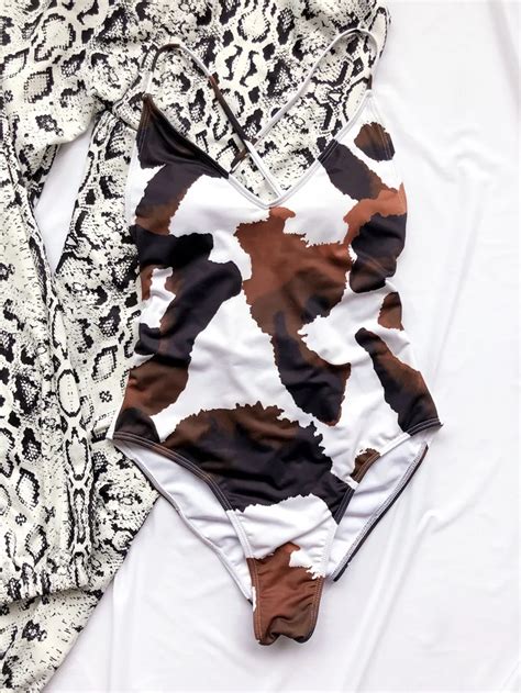 One Piece Swimsuit Women Bikini Sexy Cow Print Backless Beachwear Swimsuits Swimming Wear