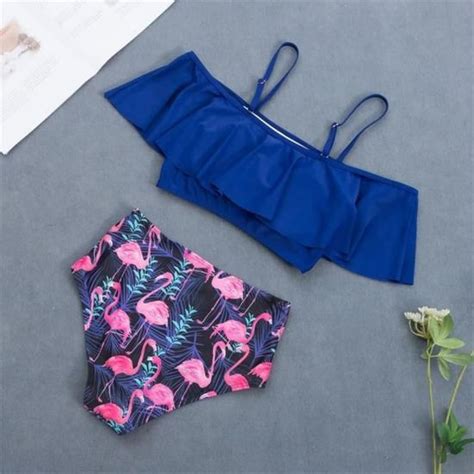Maillot de bain sexy à volants femme bikini à taille haute Imprimé fleur bleu Achat Vente