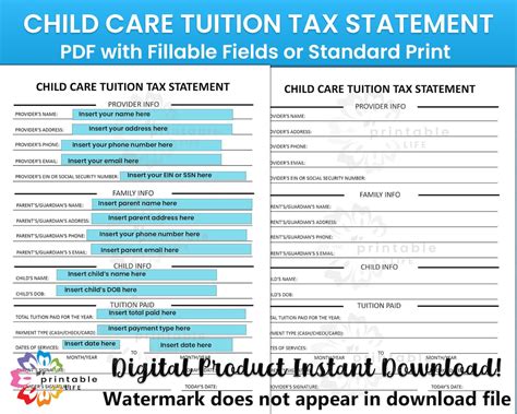 Child Care Tax Statement Form Daycare Or Childcare Printable Etsy