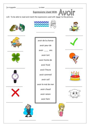 French Expressions Used With Avoir Worksheets Teaching Resources