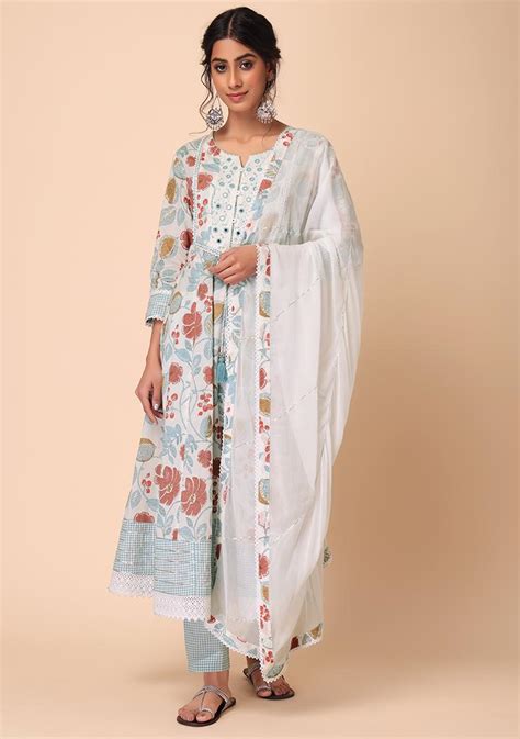 Buy Women Off White Floral Print Cotton Anarkali Kurta With Pants And