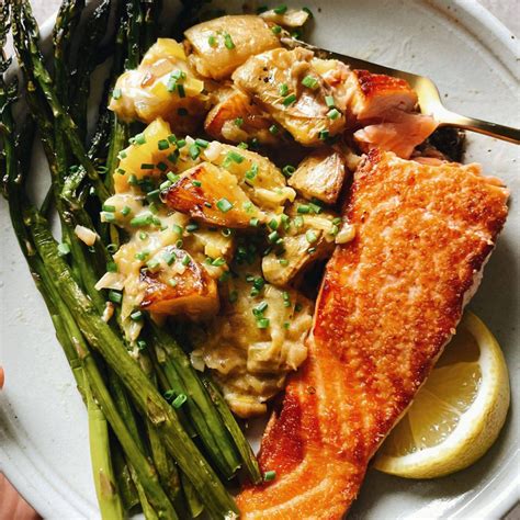 Spring Salmon With Creamed Leeks Potatoes And Asparagus Recipe