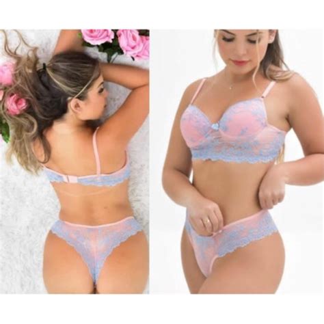 Conjunto de lingerie em renda sexy e delicado calcinha e sutiã bojo e aro bicolor rosa