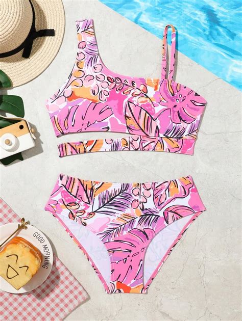 Chica Preadolescente Ba Ador Bikini Con Estampado Tropical De Cuello Asim Trico Shein Usa