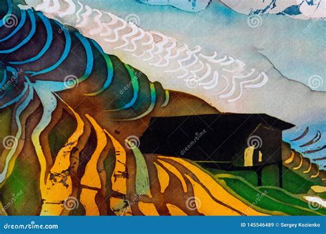 House On Rice Terraces Fragment Hot Batik Handmade Abstract Surrealism Art On Silk Stock