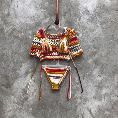 Rainbow Bikini Set Pcs Crochet Outfit Woman Colorful Bikini Top And Bottom Crop Top