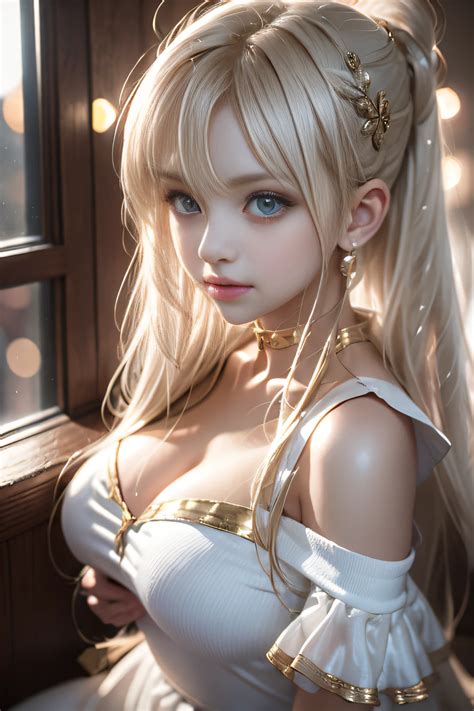 A Close Up Of A Woman With Long Blonde Hair Wearing A White Dress SeaArt AI