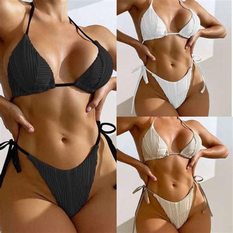 Textured Bikini Tie Up Two Piece Swimsuit Swimwear Beach Wear Lazada Ph