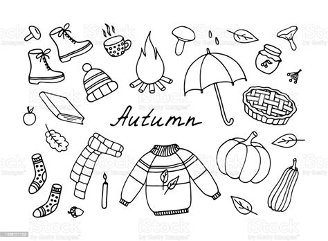 autumn hand drawn doodle set isolated elements stock illustration