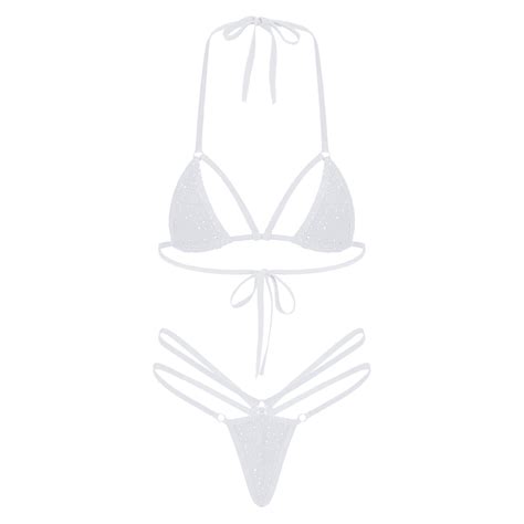 Womens Rhinestone Bikini Strappy Bathing Suit Swimwear Mini Bikini Swimsuit Halter Lace Up Bra