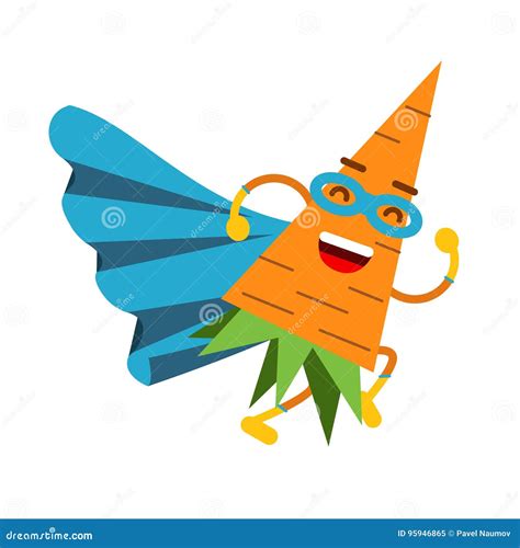 Cute Cartoon Smiling Carrot Superhero In Mask And Blue Cape Colorful