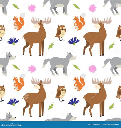 Seamless Pattern With Cute Forest Animals Vector Graphics Eps Stock