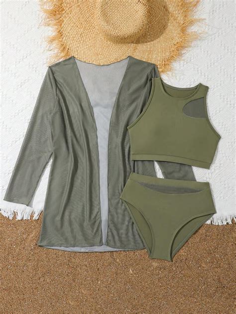 Conjunto De Cubierta De Playa Y Bikini De Malla Empalmada Para Ni A Preadolescente Para