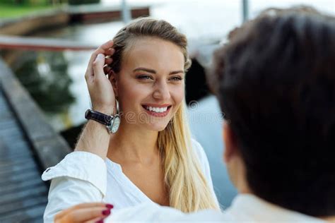 Cheerful Blonde Woman Feeling Love Of Her Boyfriend Stock Photo Image Of Pastime Emotions