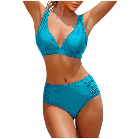 UTSJKR Deals High Waisted Bikini Sets Two Piece Tummy Control Swimsuits V Neck 2025 Summer Beach