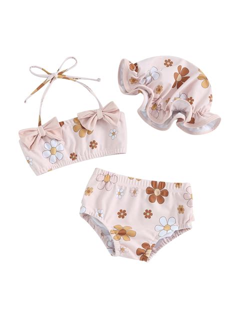 Feorjgp Infant Baby Girl Swimsuit Outfits Newborn Bikini Halter Neck Vest Flower Print D Bow