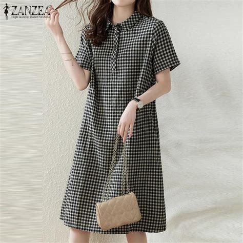 Купить ZANZEA Женское повседневное свободное прямое платье в клетку с ...