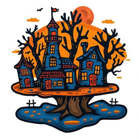 spooky trees haunted house cartoon sticker vector art clipart white
