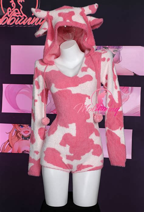 Pink Milk Cow Pattern Fluffy Bodycon Romper Sexy Lingerie Cow Print Furry Hooded Bodysuit