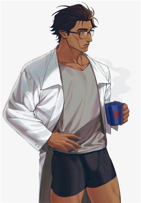 Safebooru 1boy Alternate Costume Bespectacled Boxers Brown Hair Bulge Casual Cheekbones Coffee