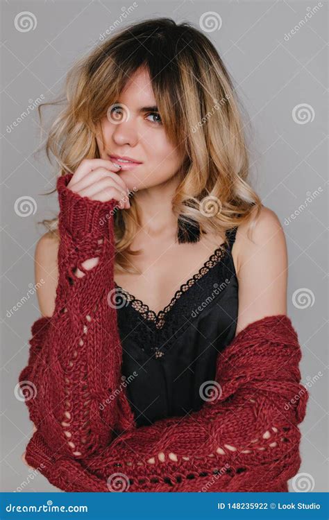 Closeup Portrait Pretty Brunette Girls Looking At Party Sensually Touching Face Has Long