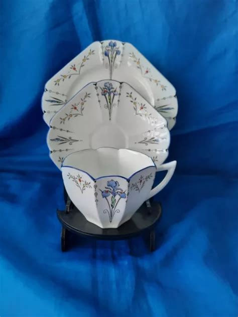 VINTAGE SHELLEY BONE China Queen Anne Shape Blue Iris Tea Trio Cup