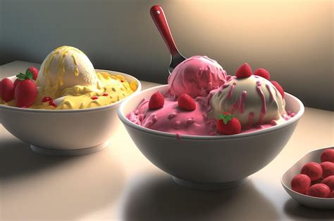 Premium Ai Image Strawberry And Raspberry Vanilla Ice Cream Scoops