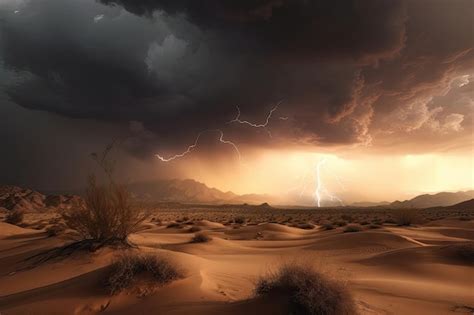 Premium AI Image | Desert storm with dramatic sky and lightning strikes ...
