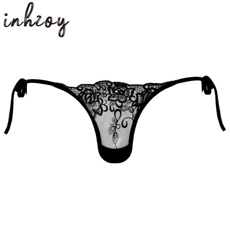 Mens Sexy Lingerie See Through Mesh Sheer Lace Embroidered Sissy Underwear Thongs Lace Up G