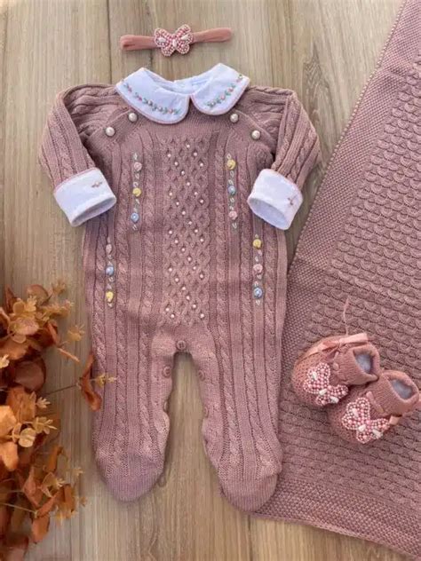 Saída maternidade Tricot bebê menina Nina tricô Rosa Nude bordado flores Candy Color peças